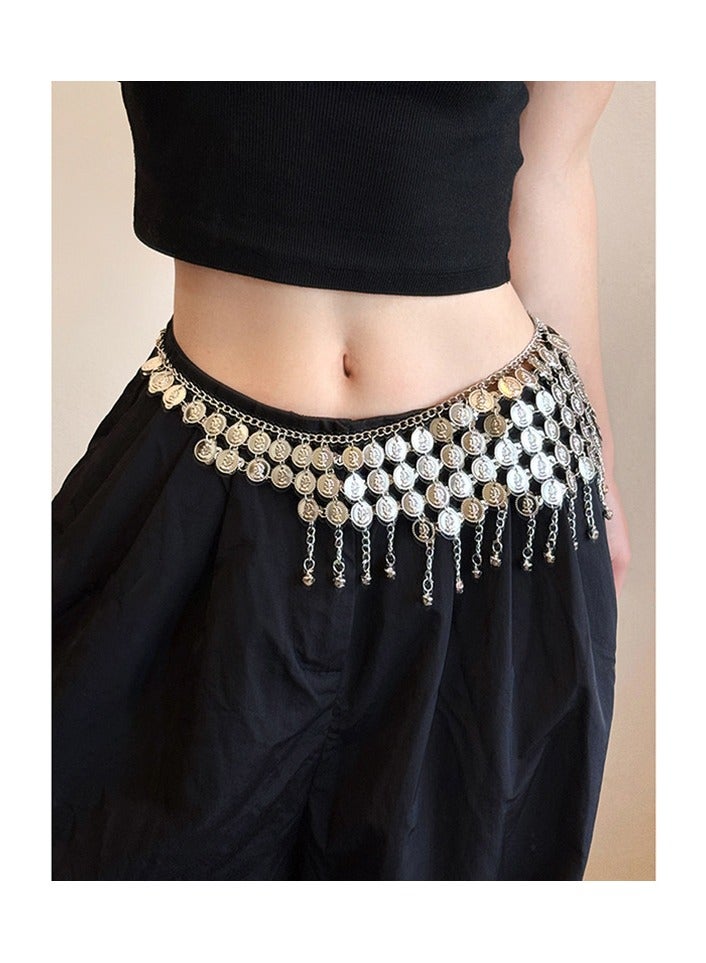 JAYATO Cold wind portrait fringed bell waist chain luxury high sense body chain temperament fashion design sense jewelry accessories.  Belly Dance Coin Hip Scarf Waist Chain Silver - Image 1