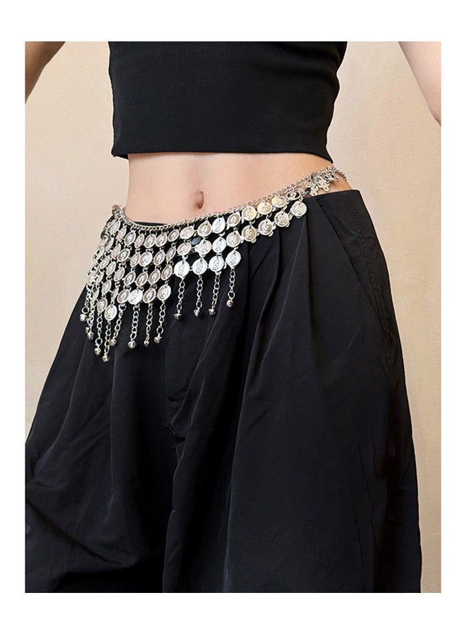 JAYATO Cold wind portrait fringed bell waist chain luxury high sense body chain temperament fashion design sense jewelry accessories.  Belly Dance Coin Hip Scarf Waist Chain Silver - Image 2