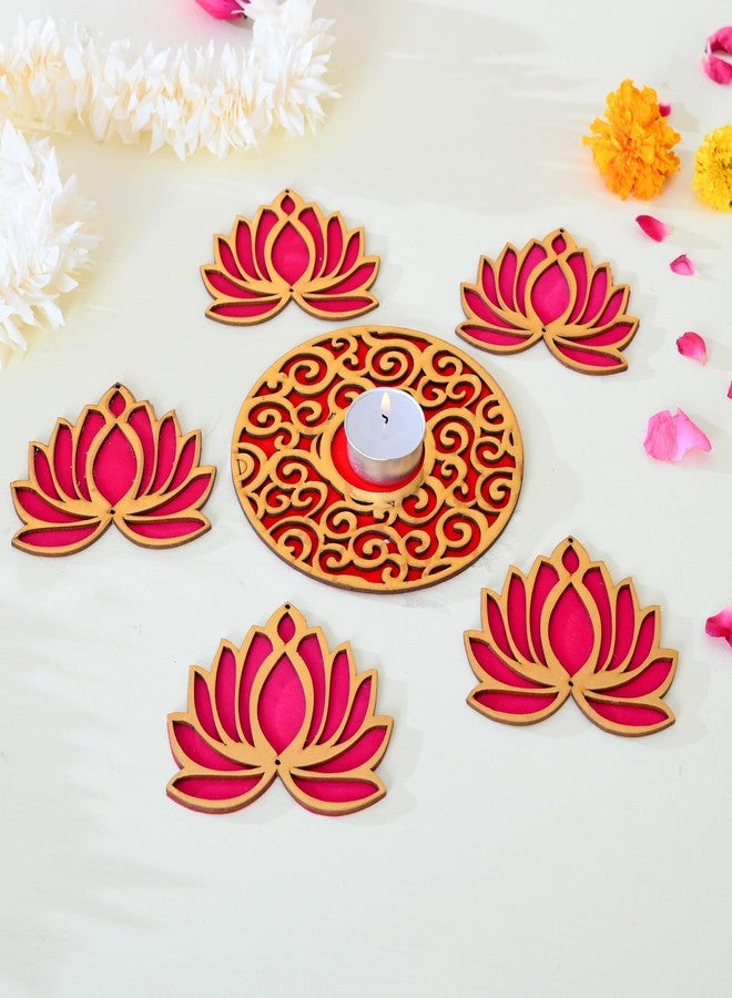 CRAFTAM Decorative MDF Cutting Lotus Tea Light Candle Holder Set for Home Décor | Diwali Decoration, Pooja, Festive Lighting & Gift Item - Set of 6 - Image 1