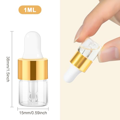 ETTSNU 10pcs Mini Glass Dropper Bottle for Essential Oil,1ml Small Clear Sample Dropper Vails with Gold Cap,Perfume Cosmetic Liquid Containers for Traveling - Image 2