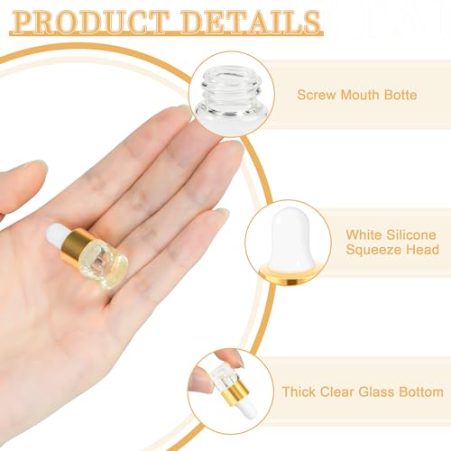 ETTSNU 10pcs Mini Glass Dropper Bottle for Essential Oil,1ml Small Clear Sample Dropper Vails with Gold Cap,Perfume Cosmetic Liquid Containers for Traveling - Image 3