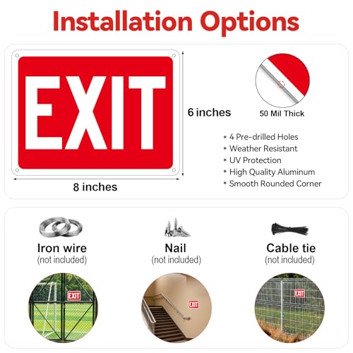 Frohllia (2 Pack) Exit Signs, Aluminum Exit Sign with Red Background, Exit Sign for Door and Wall Mount - High Visibility Reflective Safety Signs, Easy to Install (Red Exit Signs, 8 x 6 inches) - Image 4
