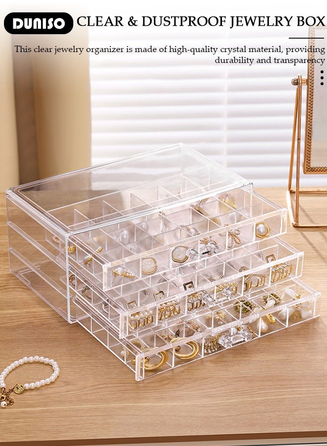 DUNISO Acrylic Jewelry Organizer Box with 3 Drawers Clear Jewelry Storage Box for Women,Earring Jewelry Organizer Transparent Jewelry Box Display Storage Case for Earrings, Rings, Beads, Necklace - Image 2