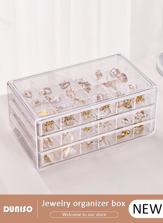 DUNISO Acrylic Jewelry Organizer Box with 3 Drawers Clear Jewelry Storage Box for Women,Earring Jewelry Organizer Transparent Jewelry Box Display Storage Case for Earrings, Rings, Beads, Necklace - Image 1