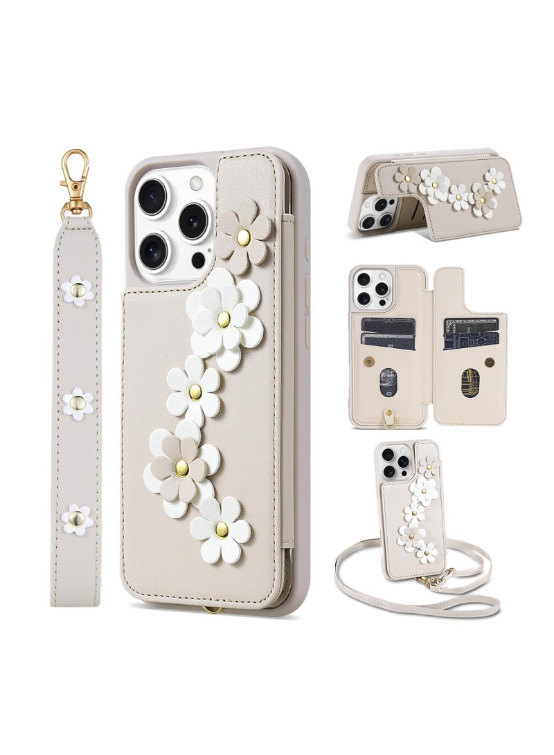 SYOSI for iPhone 16 Pro Max Wallet Case with Card Holder | Crossbody Phone Purse with Wrist Strap for Women | Cute Flower Design, Shockproof Cover (6.9", Beige) - Image 1