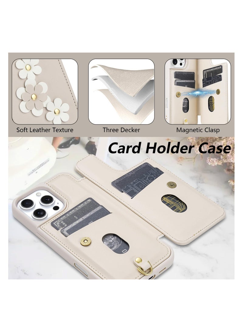 SYOSI for iPhone 16 Pro Max Wallet Case with Card Holder | Crossbody Phone Purse with Wrist Strap for Women | Cute Flower Design, Shockproof Cover (6.9", Beige) - Image 3