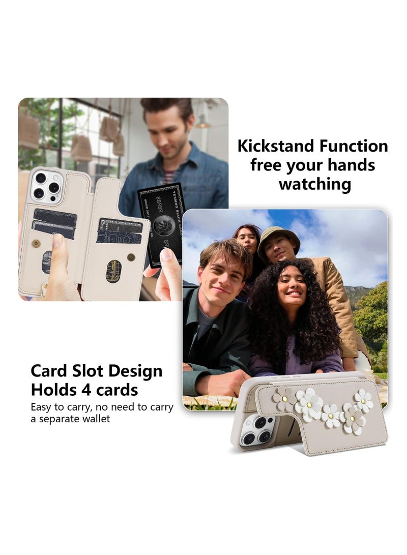 SYOSI for iPhone 16 Pro Max Wallet Case with Card Holder | Crossbody Phone Purse with Wrist Strap for Women | Cute Flower Design, Shockproof Cover (6.9", Beige) - Image 5