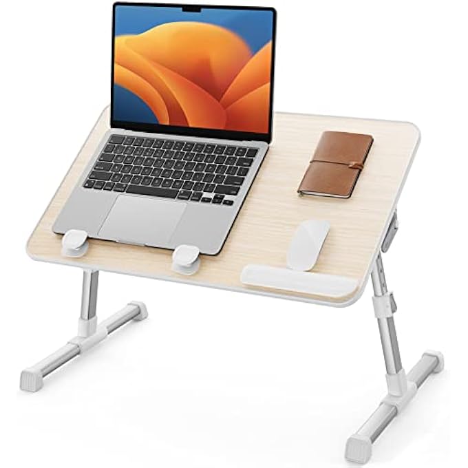 SAIJI TABLE, BED TABLE HEIGHT ADJUSTABLE, WITH 4 ADJUSTABLE ANGLES, FOLDABLE LAPTOP DESK, FOR SOFA COUCH FLOOR WORK STUDY READING WRITING BREAKFAST, FITS UP TO 17'' LAPTOP (60 X 33 CM, TEAK) - Image 1