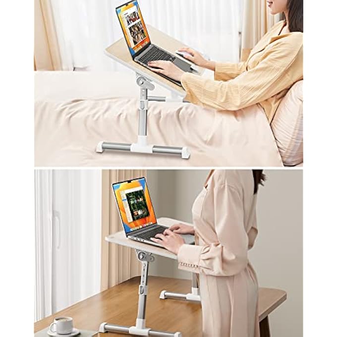 SAIJI TABLE, BED TABLE HEIGHT ADJUSTABLE, WITH 4 ADJUSTABLE ANGLES, FOLDABLE LAPTOP DESK, FOR SOFA COUCH FLOOR WORK STUDY READING WRITING BREAKFAST, FITS UP TO 17'' LAPTOP (60 X 33 CM, TEAK) - Image 3