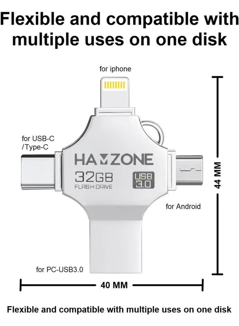 Hamzone 32GB OTG USB Flash Drive, USB 3.0 Memory Stick with 5Gbps Fast Transfer Speed, 4 in 1 Type C, Lightning, Micro USB and USB A for iPhone, iPad, Android, MacBook and PC - Image 2