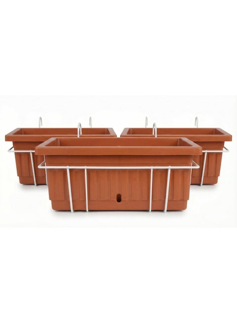 Khorshid 3 Rectangular Hanging Planters Set with Metal Stand for Balcony and Garden - Planting Pots for Flowers, Herbs and Ornamental Plants - Set of 3 - Size 40*20 - Brick Color - With White Metal Stand for Balcony Hanging