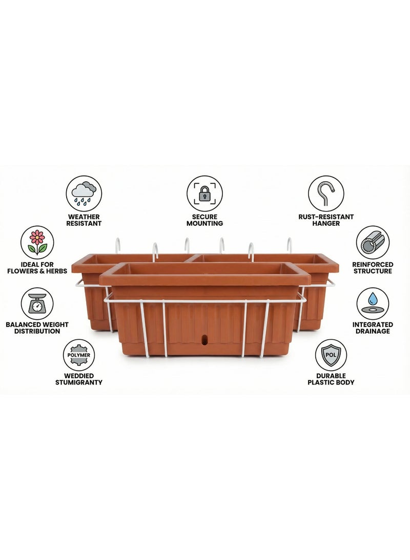 مجموعة خورشيد 3 أحواض زراعة معلقة مستطيلة مع حامل معدني لسور البلكونة والحديقة - أصيص زرع للزهور والأعشاب ونباتات الزينة  - عدد ٣  -مقاس ٤٠  *٢٠ - لون طوبي - بحامل معدني ابيض للتعليق بالبلكونة- عدد ٣  -مقاس ٤٠   *٢٠ - لون طوبي - بحامل معدني ابيض للتعليق بالبلكونة - Image 3