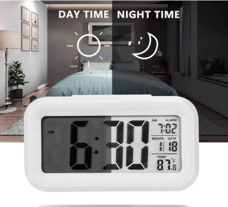 Micron LCD Digital Mini Desk Clock with Light Sensor Thermometer and Alarm