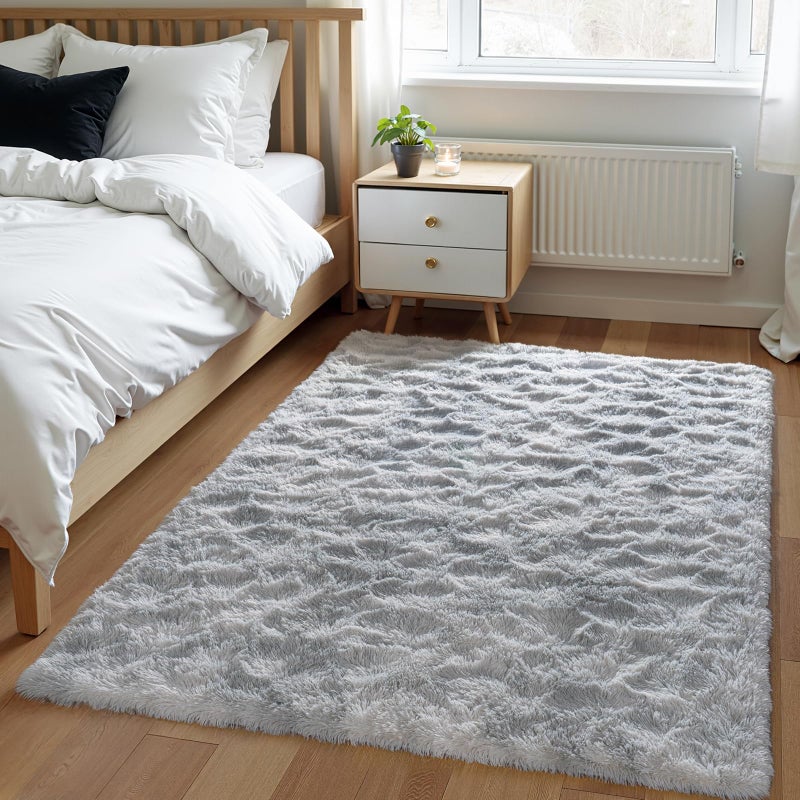 Zentavio Grey and White Area Rugs for Living Room Men Room Carpet 4x6 Bedroom Fluffy Furry Shag Aesthetic Plush High Pile Floor Rug for Kids Room Dorm Home Decor Tie-Dyed Grey White - Image 1