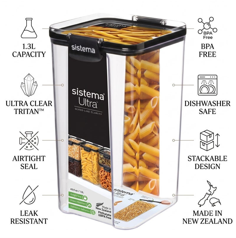 Sistema Ultra Tritan Square Food Storage Container 1.3L with Crystal Clear Tritan Plastic, Airtight BPA Free Kitchen Storage Canister for Pasta, Pantry & Dry Food, Made in New Zealand - Image 5