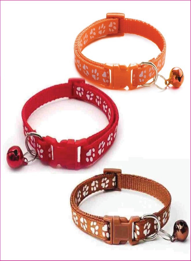 Litvibes Cat Collars Set of 3 with Bell,Kitten & Small Soft Adjustable Collar Safe,Solid & Protection Breakaway for Cats & Puppies,Cute Kitty Neckband with Paw Print- Orange,Red,Brown - Image 1