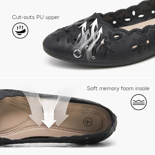 Shupua Women's Comfortable Dress Shoes Black Flats Round Toe PU Leather Flats Summer with Floral Eyelets (Black.us8) - Image 5