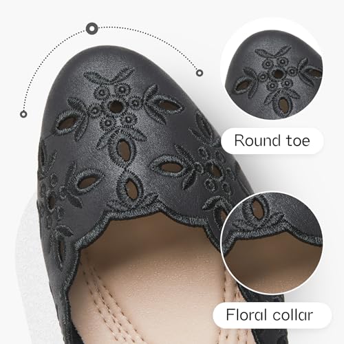Shupua Women's Comfortable Dress Shoes Black Flats Round Toe PU Leather Flats Summer with Floral Eyelets (Black.us8) - Image 2