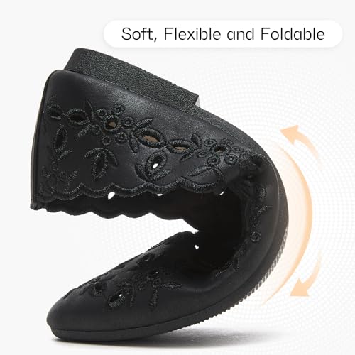 Shupua Women's Comfortable Dress Shoes Black Flats Round Toe PU Leather Flats Summer with Floral Eyelets (Black.us8) - Image 3