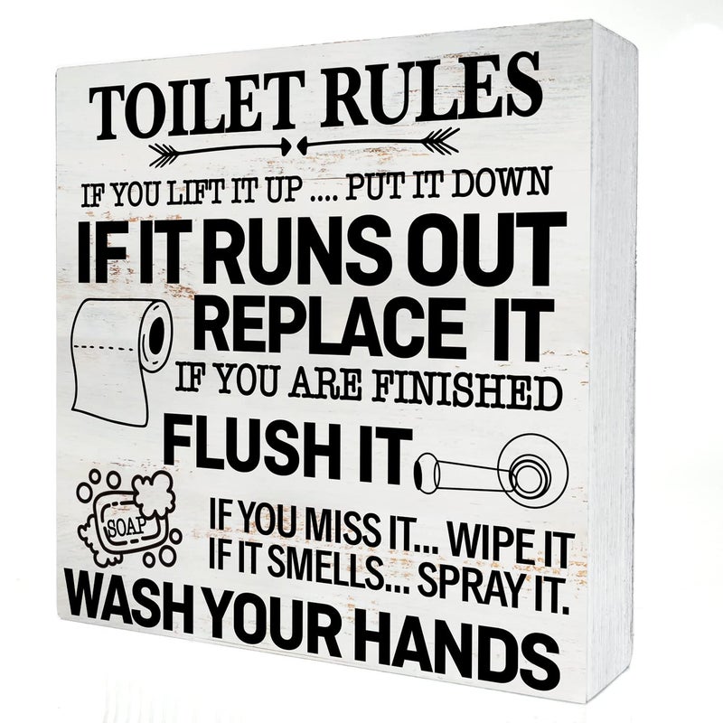 Toilet Rules Wood Box Sign Home Decor Rustic Toilet Wooden Box Sign Block Plaque for Wall Tabletop Desk Home Bathroom Toilet Decoration 5 x 5