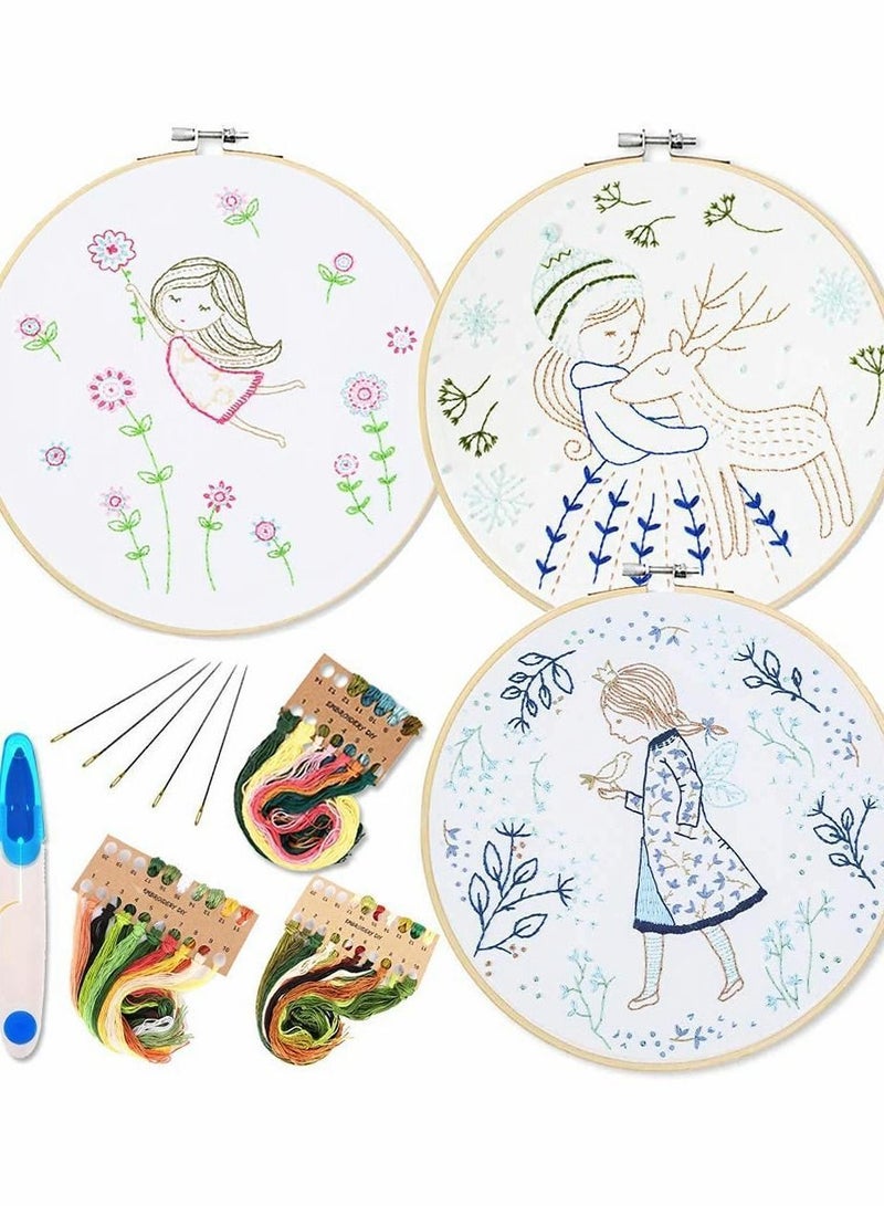 Y&D Embroidery Starter Kit with Pattern Instructions 3 Sets Cross Stitch Include Clothes Plants Flowers 1 Hoops Color Threads and Tools Dreaming Girl  - Image 1