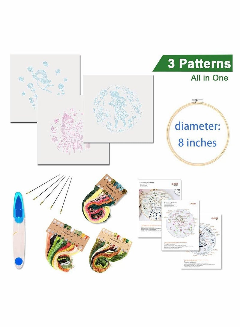 Y&D Embroidery Starter Kit with Pattern Instructions 3 Sets Cross Stitch Include Clothes Plants Flowers 1 Hoops Color Threads and Tools Dreaming Girl  - Image 2