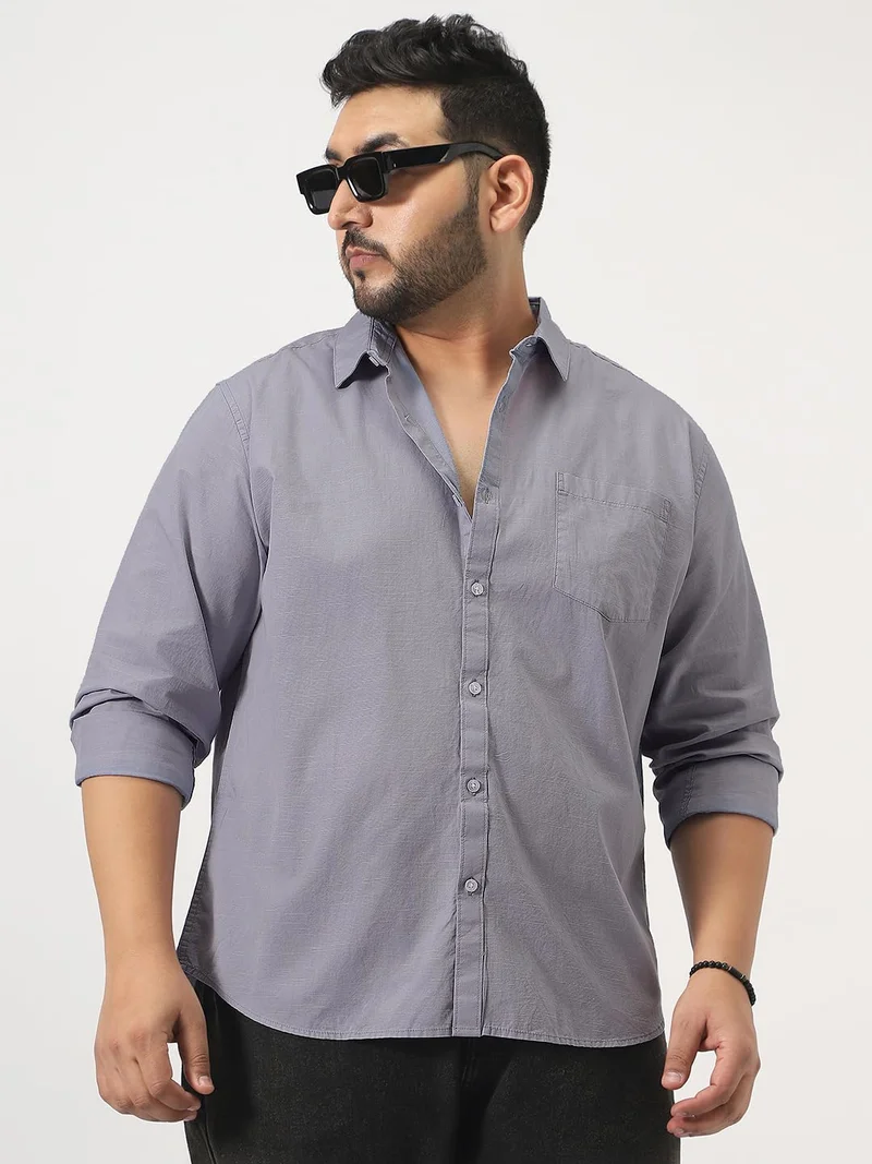 Urbano Fashion  Urbano Plus Men's Lavender Cotton Full Sleeve Regular Fit Casual Solid Slub Shirt with Spread Collar  | Best Price UAE
