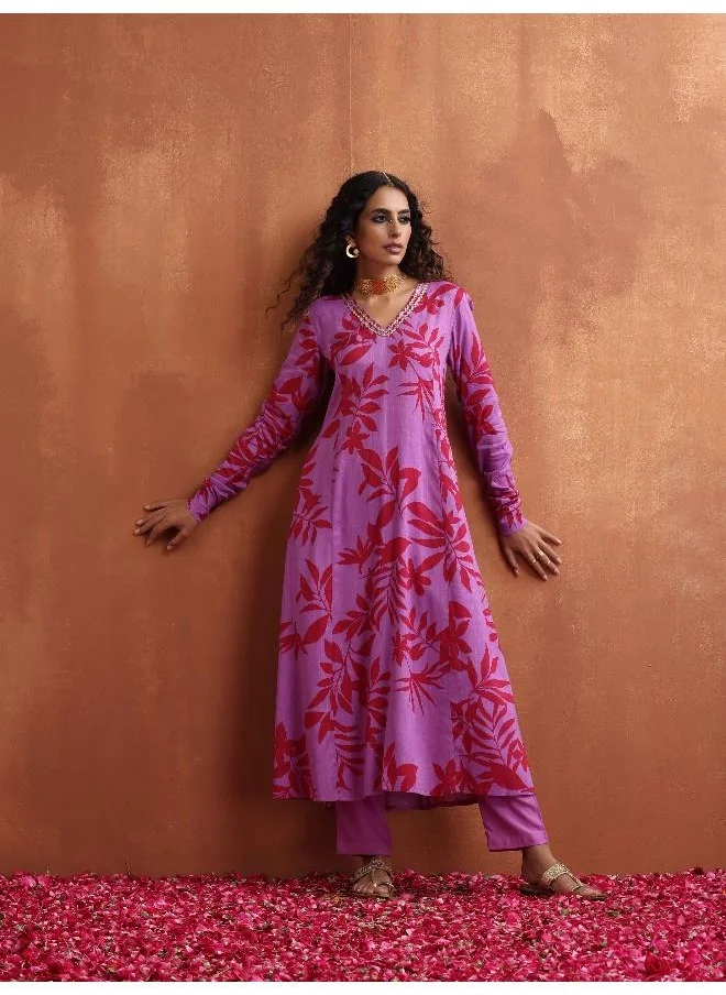 trueBrowns Purple Print A-line Kurta Set