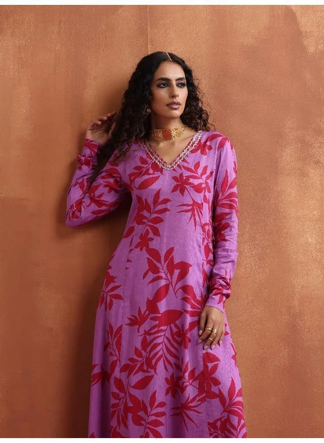 ترو برونز trueBrowns Purple Print A-line Kurta Set