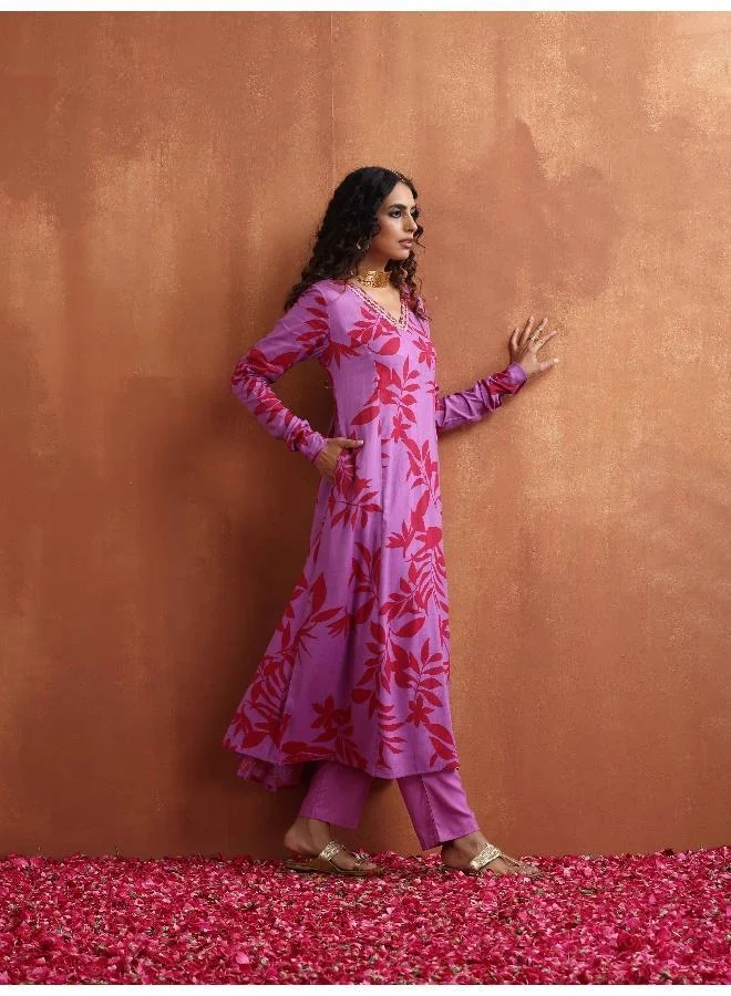 ترو برونز trueBrowns Purple Print A-line Kurta Set