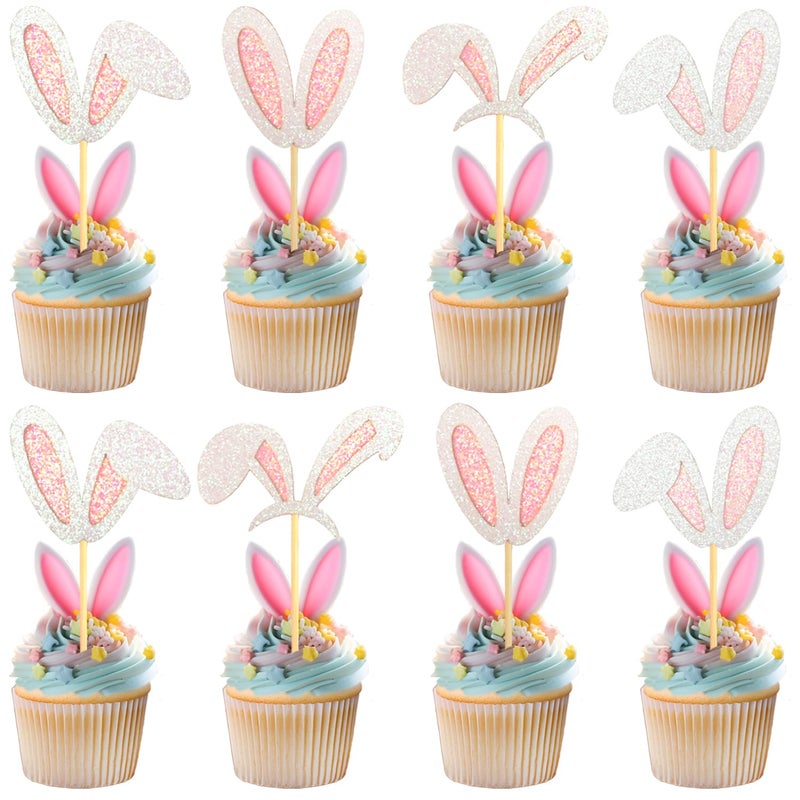Chewarelly 24 Pack Bunny Ear Cupcake Toppers Easter Cupcake Picks Festive Party Decoration for Spring Baked Goods Perfect for Easter Celebrations(Bunny Ear Design) - Image 1