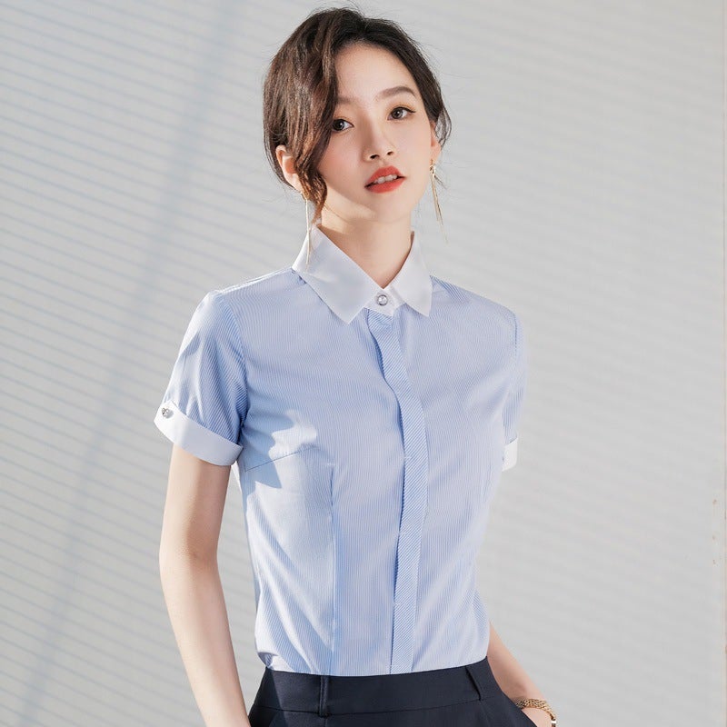 Blue Short-sleeved Shirt Womens Summer Thin 2025 New Style Elegant Small Work Clothes Business Wear Formal Shirt GMD-1631 Women Blue Stripe Short-sleeved Shirt