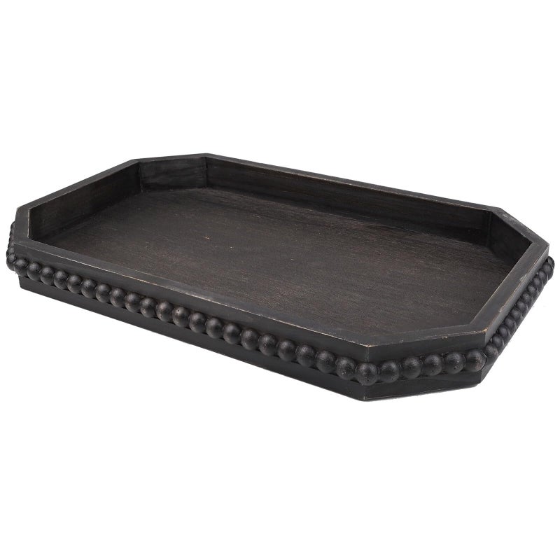 Hrastany Wood Rustic Serving Tray with Beads, Farmhouse Vintage Black Decorative Tray for Table Centerpiece, Christmas Wedding Halloween Home Decor - Image 1
