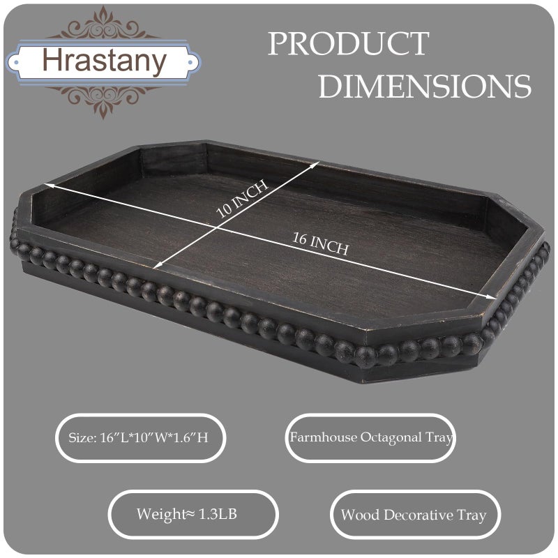 Hrastany Wood Rustic Serving Tray with Beads, Farmhouse Vintage Black Decorative Tray for Table Centerpiece, Christmas Wedding Halloween Home Decor - Image 2
