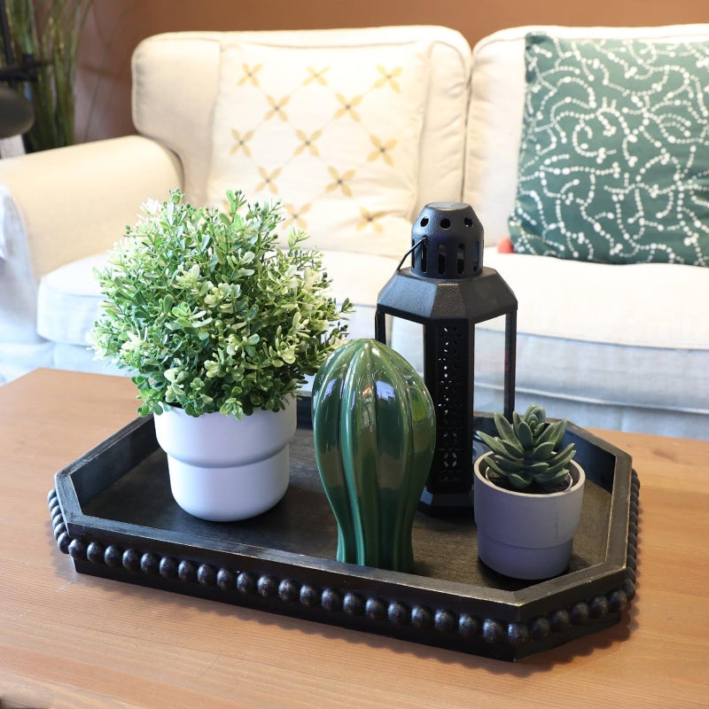 Hrastany Wood Rustic Serving Tray with Beads, Farmhouse Vintage Black Decorative Tray for Table Centerpiece, Christmas Wedding Halloween Home Decor - Image 3