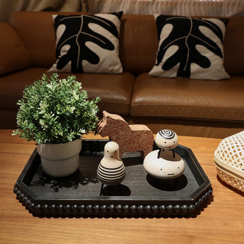 Hrastany Wood Rustic Serving Tray with Beads, Farmhouse Vintage Black Decorative Tray for Table Centerpiece, Christmas Wedding Halloween Home Decor - Image 4