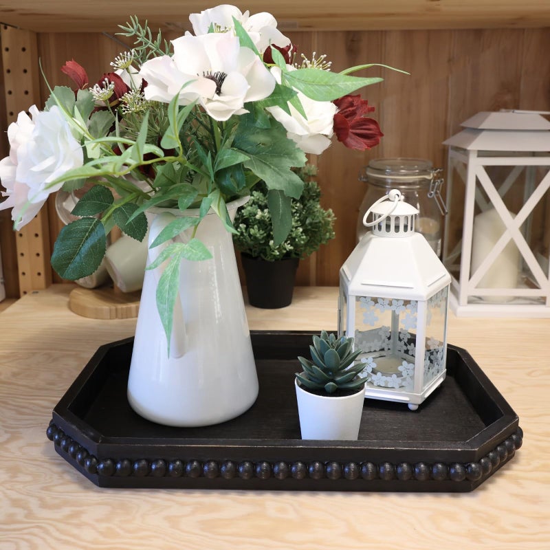 Hrastany Wood Rustic Serving Tray with Beads, Farmhouse Vintage Black Decorative Tray for Table Centerpiece, Christmas Wedding Halloween Home Decor - Image 5