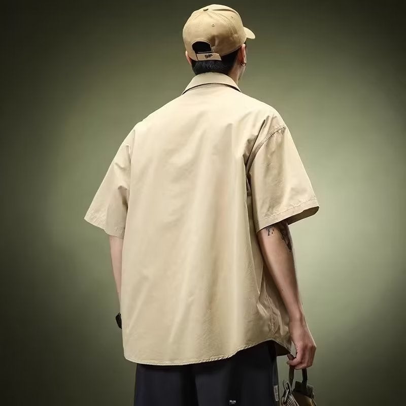قميص عمل قصير الأكمام للرجال بأسلوب أمريكي ثقيل من ماركة عصرية صيفية فضفاضة بحجم زائد - Image 5