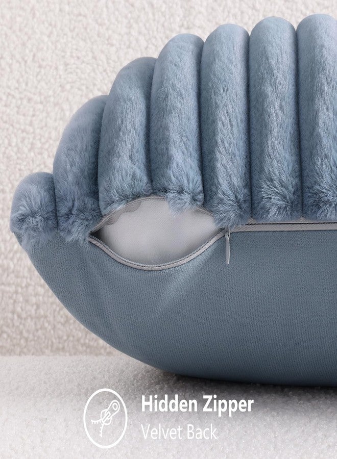 decorUhome Cozy Faux Fur Spring Throw Pillow Covers 16x16 Set of 2 Decorative Soft Plush Striped Modern Farmhouse Boho Couch Pillow Cases with Velvet Back for Sofa Bed Living Room, Grey Blue - Image 3
