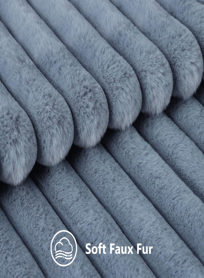 decorUhome Cozy Faux Fur Spring Throw Pillow Covers 16x16 Set of 2 Decorative Soft Plush Striped Modern Farmhouse Boho Couch Pillow Cases with Velvet Back for Sofa Bed Living Room, Grey Blue - Image 2