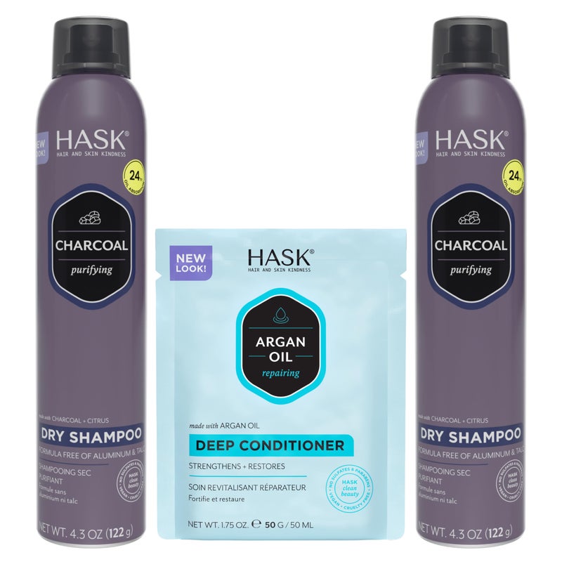 HASK Charcoal Clarifying Dry Shampoo Duo (4.3oz-Qty 2) & Argan Oil Repairing Deep Conditioner Packette, Aluminum-Free, Sulfate-Free, Paraben-Free, Color Safe, for All Hair Types - Image 1