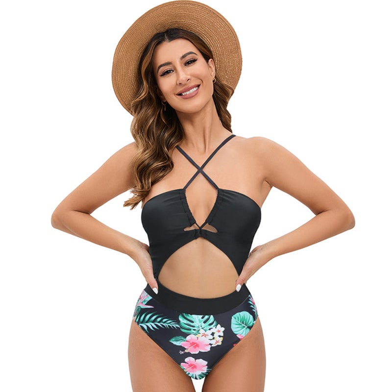 2023 Foreign Trade New and Sexy Neck Leaky Back High Waist Printed Multicolor Conservative Swimsuit for Women - Image 1