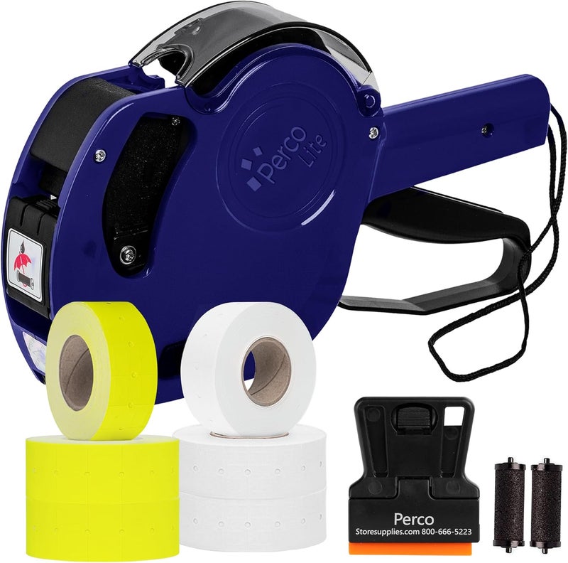 Perco Lite 1 Line Price Gun with Labels Kit - Includes 3 White Rolls, 3 Yellow Rolls, 2 Ink Rollers, 1 Ink roll and Labels Pre-Loaded - Image 1