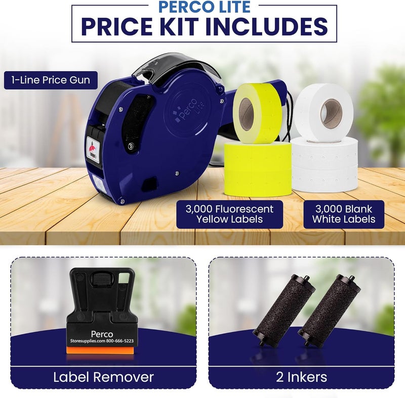 Perco Lite 1 Line Price Gun with Labels Kit - Includes 3 White Rolls, 3 Yellow Rolls, 2 Ink Rollers, 1 Ink roll and Labels Pre-Loaded - Image 2