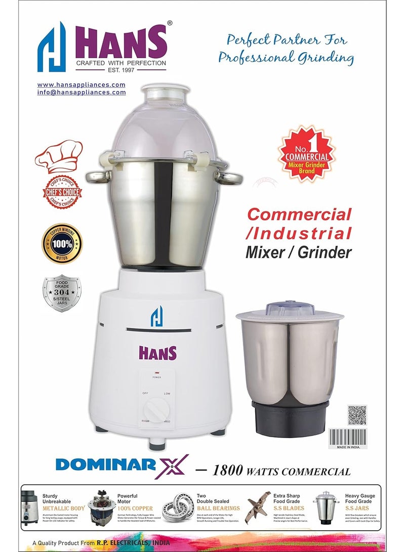 هانس HANS Dominar X 1800 Watts 2.5 HP Commercial Mixer Grinder With 2 Jar Heavy Duty Color White - Image 2