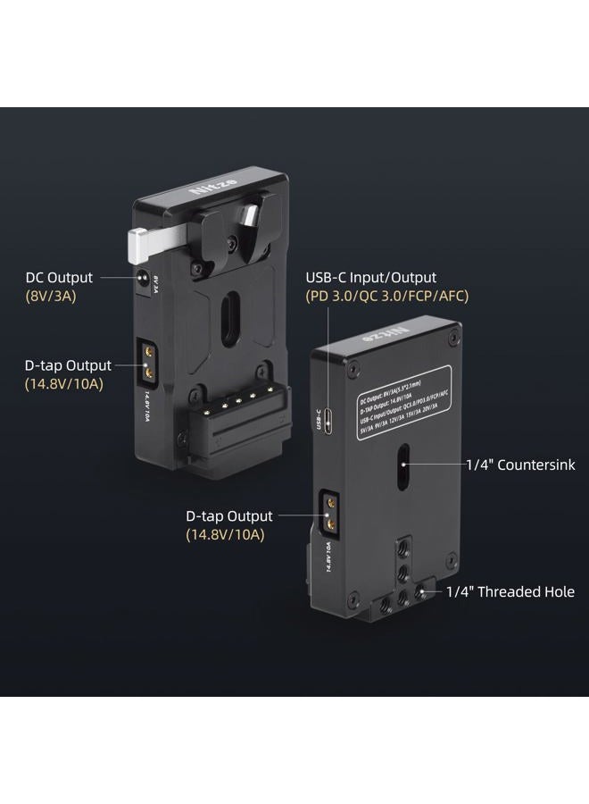 Nitze لوحة بطارية V Mount، مدخل/مخرج USB-C (PD 3.0)، DC (8V/3A)، مخرج D-tap (14.8V/10A) لوحة V Mount لتغذية الكاميرا - N21-D8A - Image 2