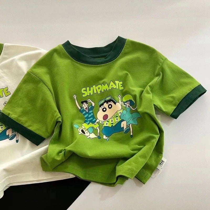 Children'S Cotton Short-Sleeved T-Shirt Boys' New Summer Baby Cartoon Contrast Color Children'S Shirt Girls' Round Neck Half Sleeve - Image 1