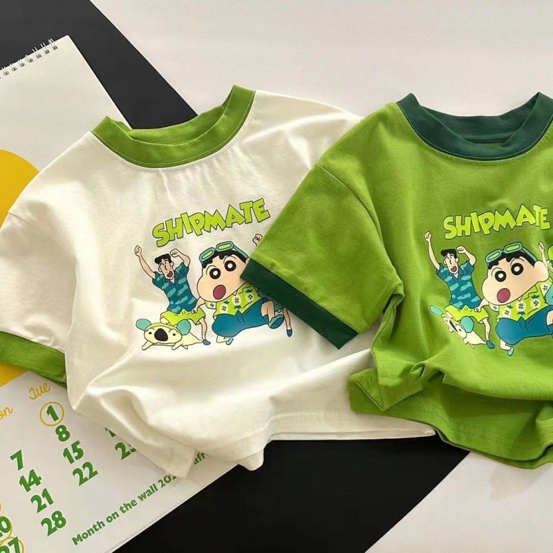 Children'S Cotton Short-Sleeved T-Shirt Boys' New Summer Baby Cartoon Contrast Color Children'S Shirt Girls' Round Neck Half Sleeve - Image 2