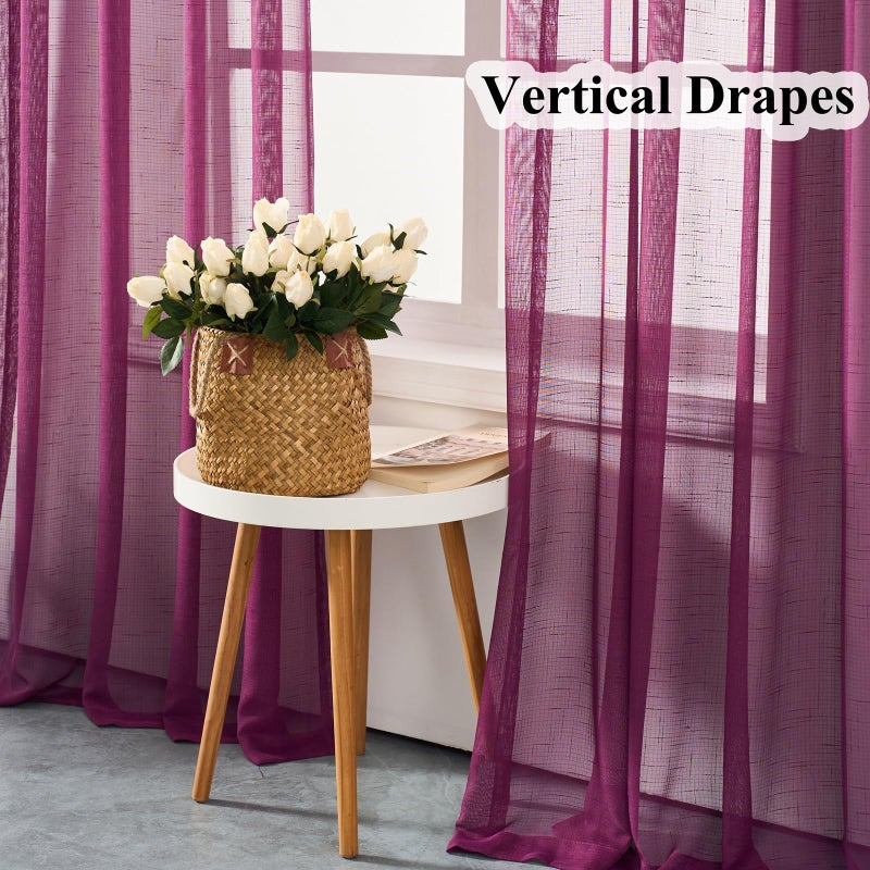 Ftinala Plum Purple Curtains Sheer 96 Inches Long, Dark Linen Look Textured Light Filtering Curtains & Drapes, Rustic Eggplant Transparent Window Treatments, Pinch Pleat Ceiling Curtain with Hook - Image 5