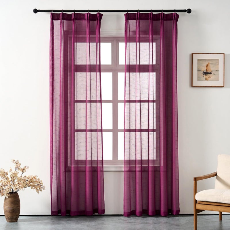 Ftinala Plum Purple Curtains Sheer 96 Inches Long, Dark Linen Look Textured Light Filtering Curtains & Drapes, Rustic Eggplant Transparent Window Treatments, Pinch Pleat Ceiling Curtain with Hook - Image 1